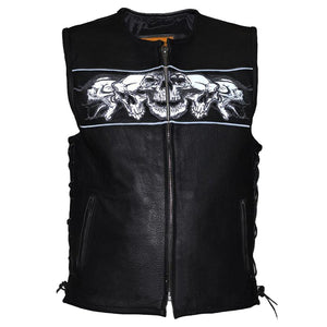 mens premium leather vest with night reflective skulls
