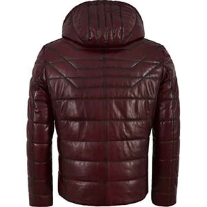 mens puffer hooded quilted lambskin leather jacket