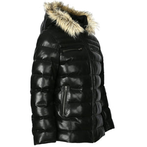 Mens Puffer Leather Jacket In Black With Fur Hoodie