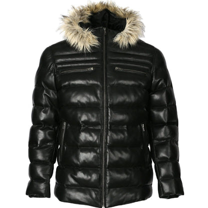 Mens Puffer Leather Jacket In Black With Fur Hoodie