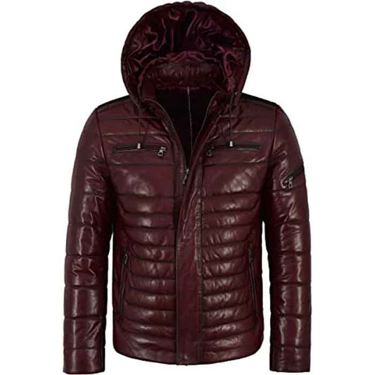 Mens Quilted Leather Puffer Jacket With Hood - Fashion Leather Jackets USA - 3AMOTO