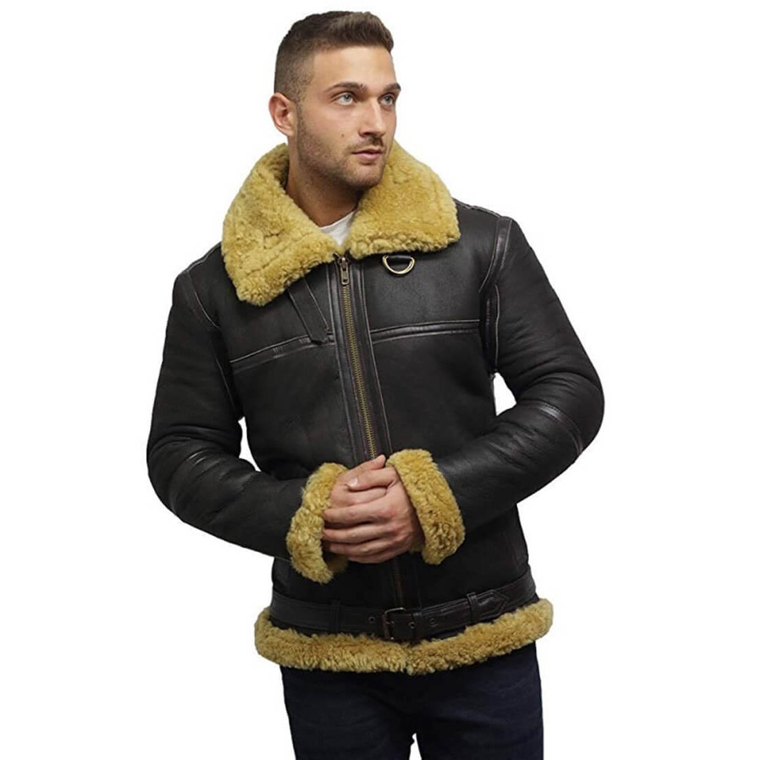 mens real shearling sheepskin leather jacket aviator bomber flying pilot