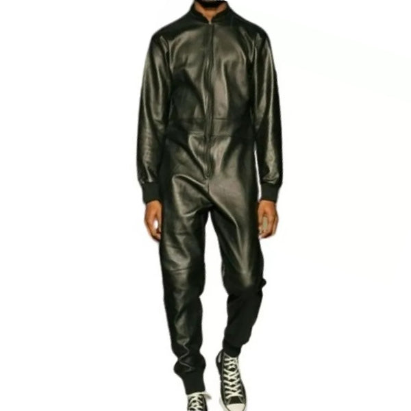 Mens Ribbed Collar Real Sheepskin Black Leather Jumpsuit