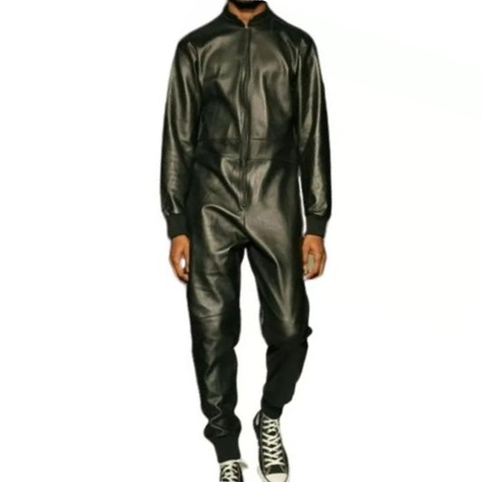 Mens Ribbed Collar Real Sheepskin Black Leather Jumpsuit - Fashion Leather Jackets USA - 3AMOTO