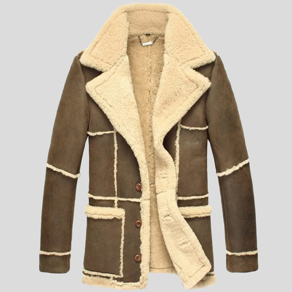 Men Designer Fur Shearling Sheepskin Coat ( Brown )