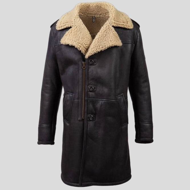 Mens Shearling Leather Trench Coat Black - 3amoto