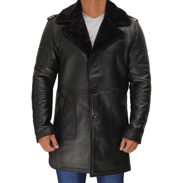 Mens Classic Shearling Long Coat in Black