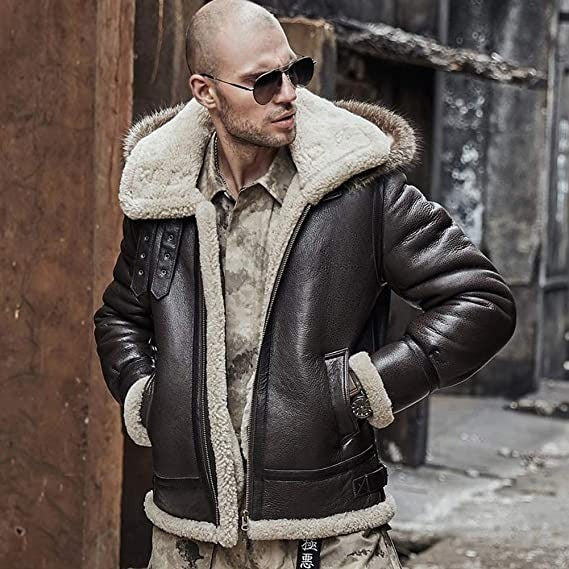 Men’s Sheepskin Shearling Jacket Detachable Hooded B3 Flight Jacket Raccoon Fur Collar Aviator Coat