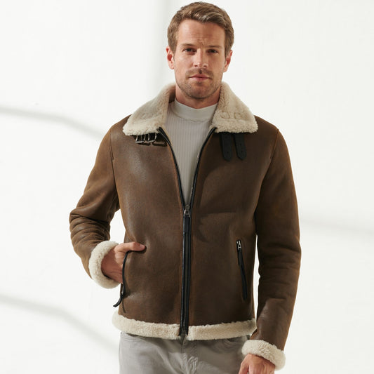 Mens Tan B3 RAF Fur Aviator Sheepskin Leather Jacket - Fashion Leather Jackets USA - 3AMOTO