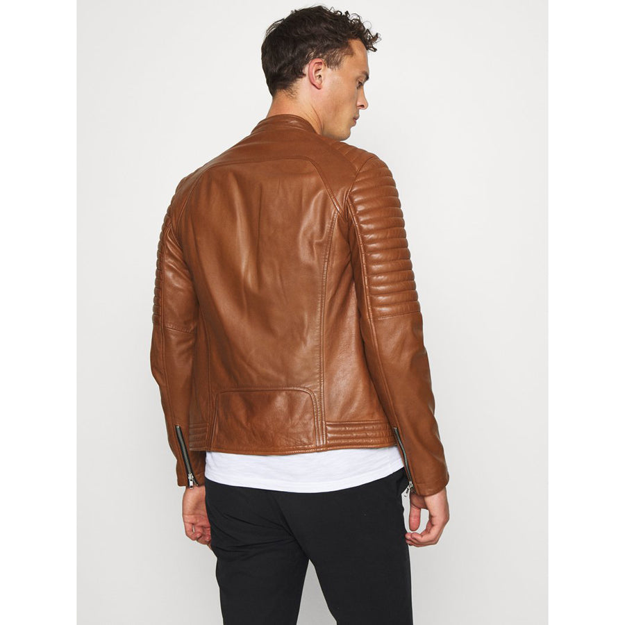 Mens Tan Brown Leather Biker Jacket Back