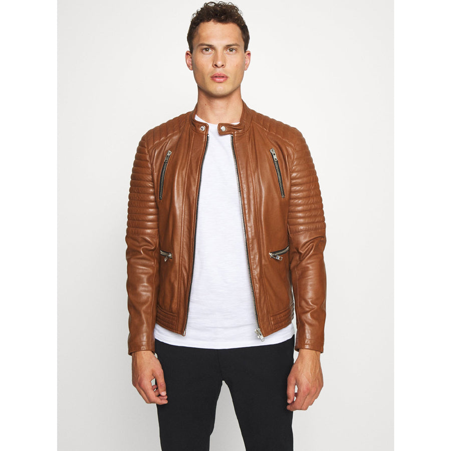 Mens Tan Brown Leather Biker Jacket