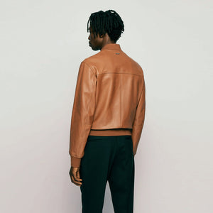 mens tan brown leather bomber jacket back