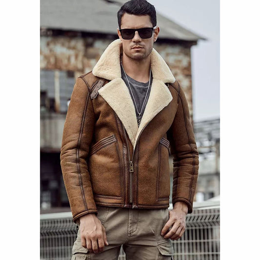 mens tan brown leather shearling jacket - Fashion Leather Jackets USA - 3AMOTO