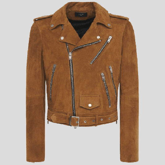 Mens Tan Brown Suede Leather Biker Jacket - Fashion Leather Jackets USA - 3AMOTO