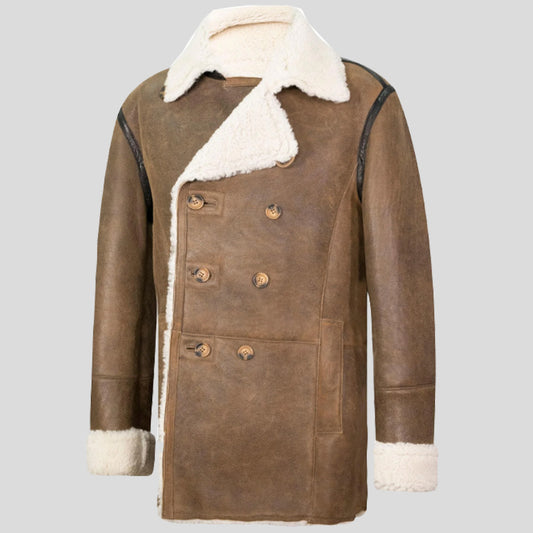 mens tan double breasted sheepskin coat with cream fur - Fashion Leather Jackets USA - 3AMOTO