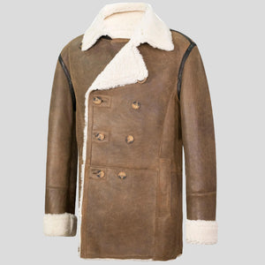 mens tan double breasted sheepskin coat with cream fur