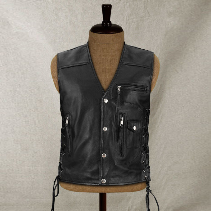 Mens Traditional Biker Black Leather Vest Motorcycle Vests for Sale