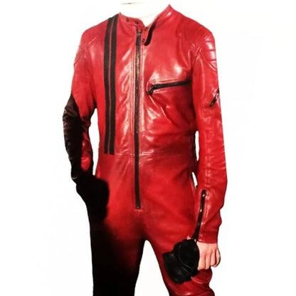 Mens Trendsetting Racing Real Sheepskin Red Leather Jumpsuit