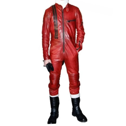 Mens Trendsetting Racing Real Sheepskin Red Leather Jumpsuit - Fashion Leather Jackets USA - 3AMOTO