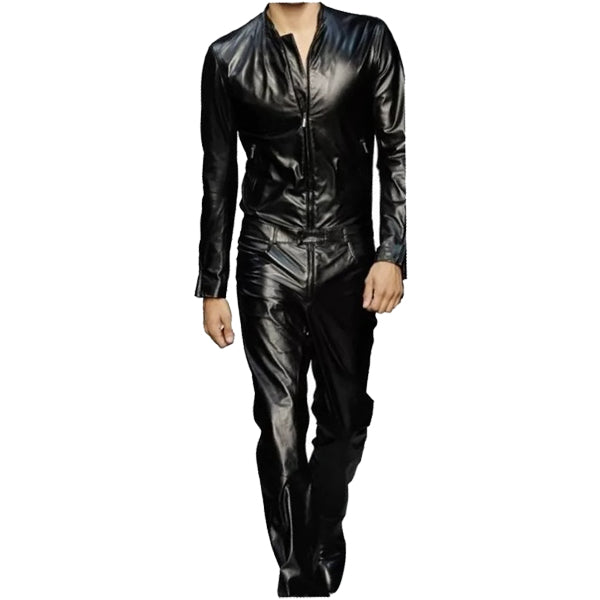 Men Bold Fashion Real Lambskin Black Leather Jumpsuit