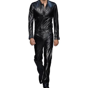 Mens Trendy Real Sheepskin black Leather Jumpsuit