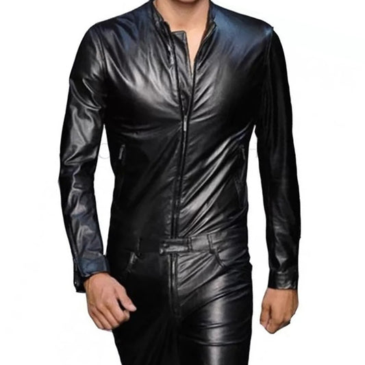 Mens Trendy Real Sheepskin black Leather Jumpsuit - Fashion Leather Jackets USA - 3AMOTO