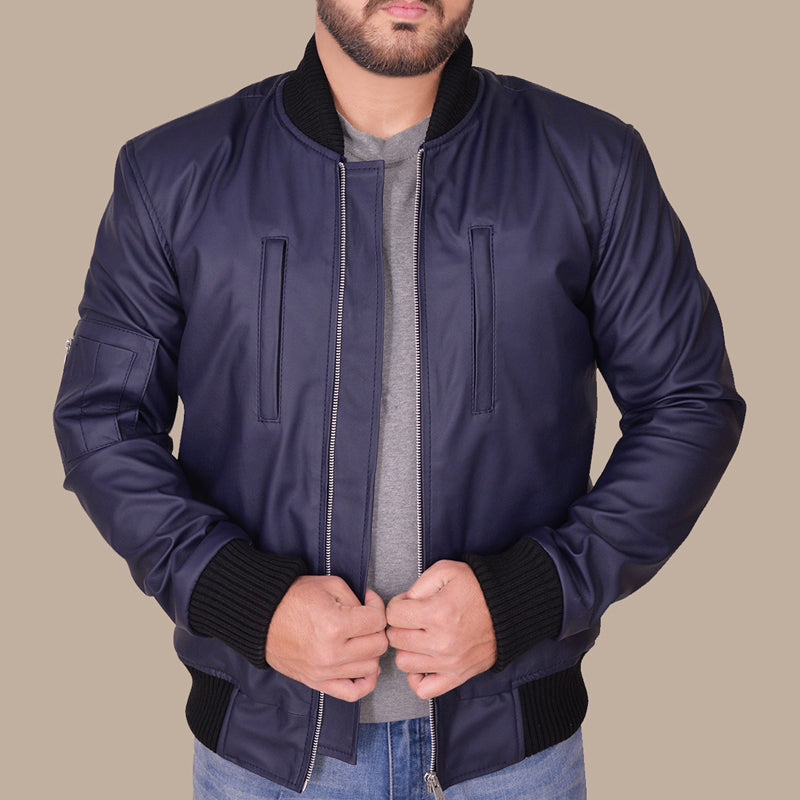 Navy Blue Varsity Leather Bomber Jacket for Men, stylish and versatile design.