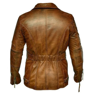 mens vintage biker style real sheepskin distressed brown leather coat