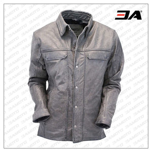 Mens Vintage Gray Leather Shirt With Gun