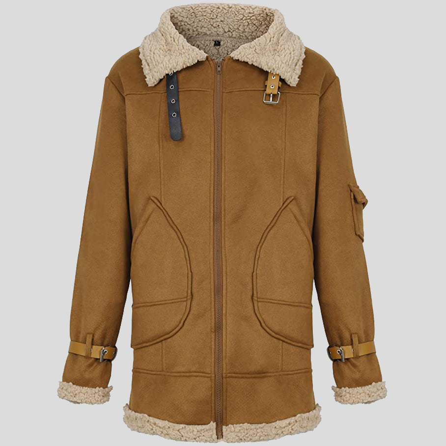 Men s Warm Winter Sheepskin Coat Teddy Fleece Lapel Pullover