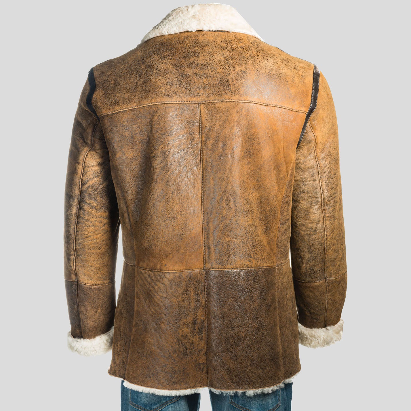 Men’s Weathered Tan Shearling Sheepskin Double Breasted Button-Up Coat back