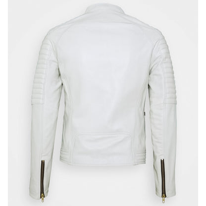 Mens White Leather Biker Jacket Back