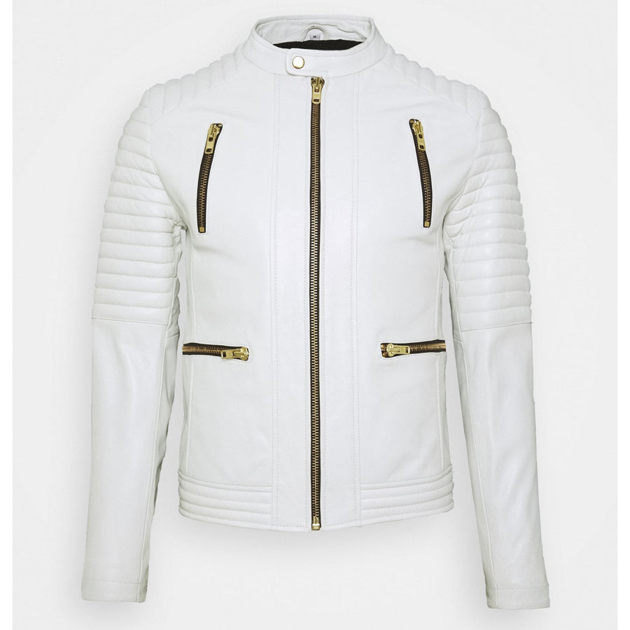 Mens White Leather Biker Jacket