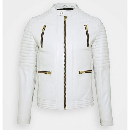 Mens White Leather Biker Jacket - Fashion Leather Jackets USA - 3AMOTO