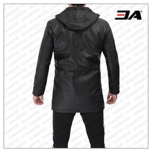 mens black leather hooded coat
