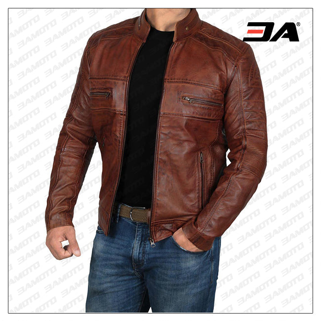 CD D C Mens Brown Racer Leather Jacket ChersDelights Leather Small / Brown Waxed