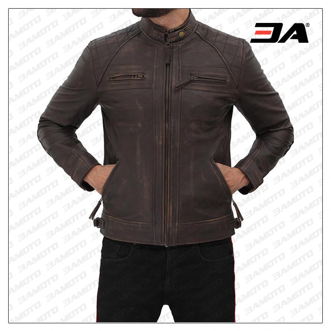 Men's Distressed Brown Quilted Leather Biker Jacket