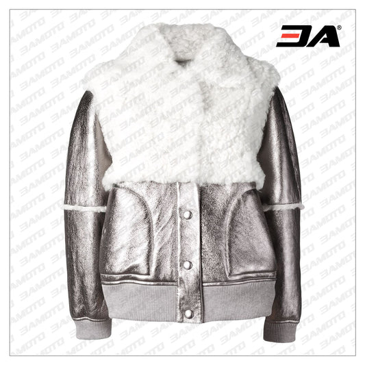 metallic bomber shearling fur leather jacket - 3amoto shop