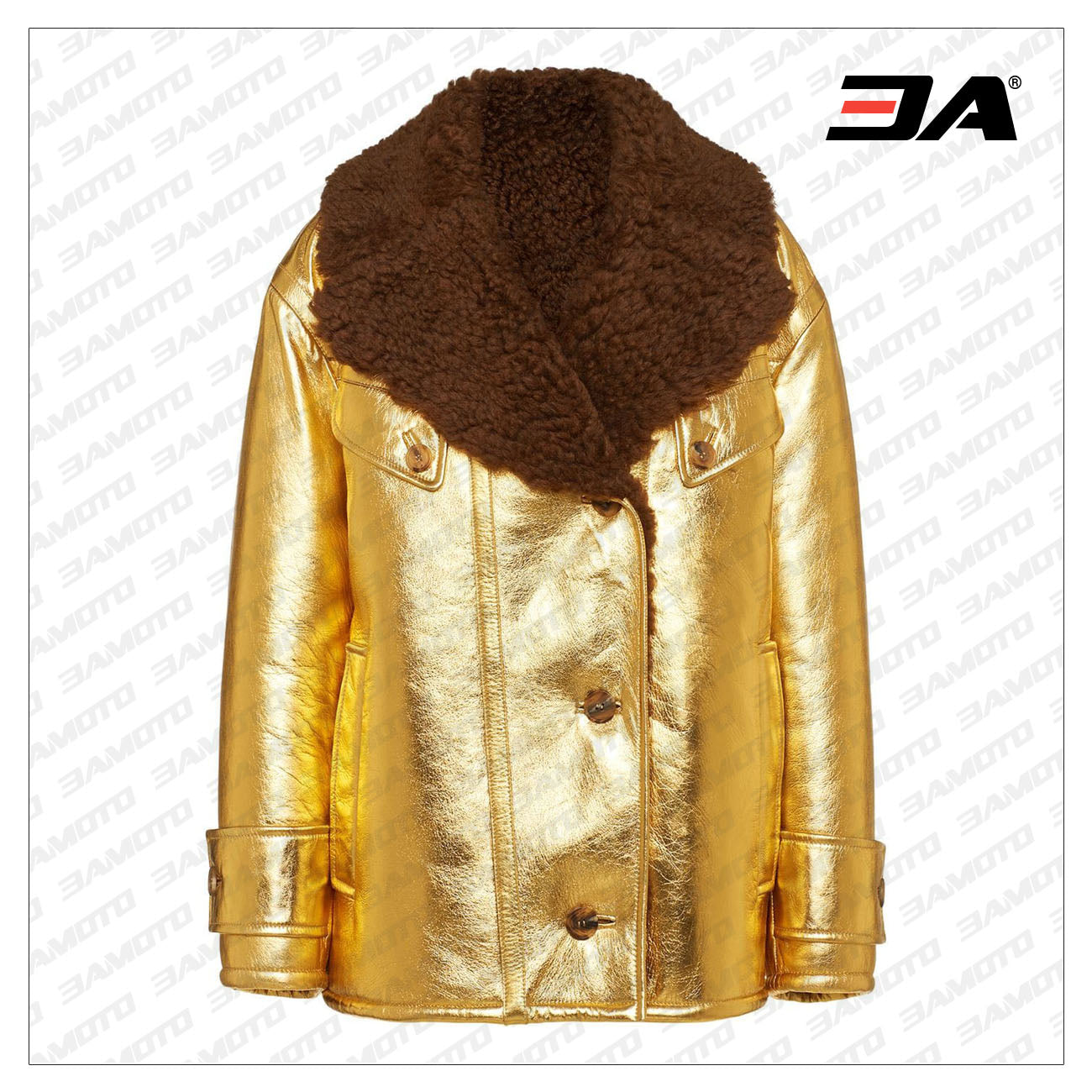 metallic shearling fur collar leather jacket