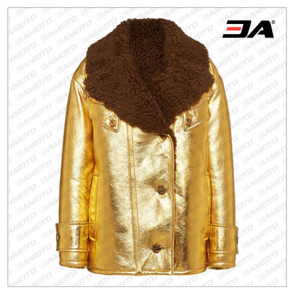 metallic shearling fur collar leather jacket