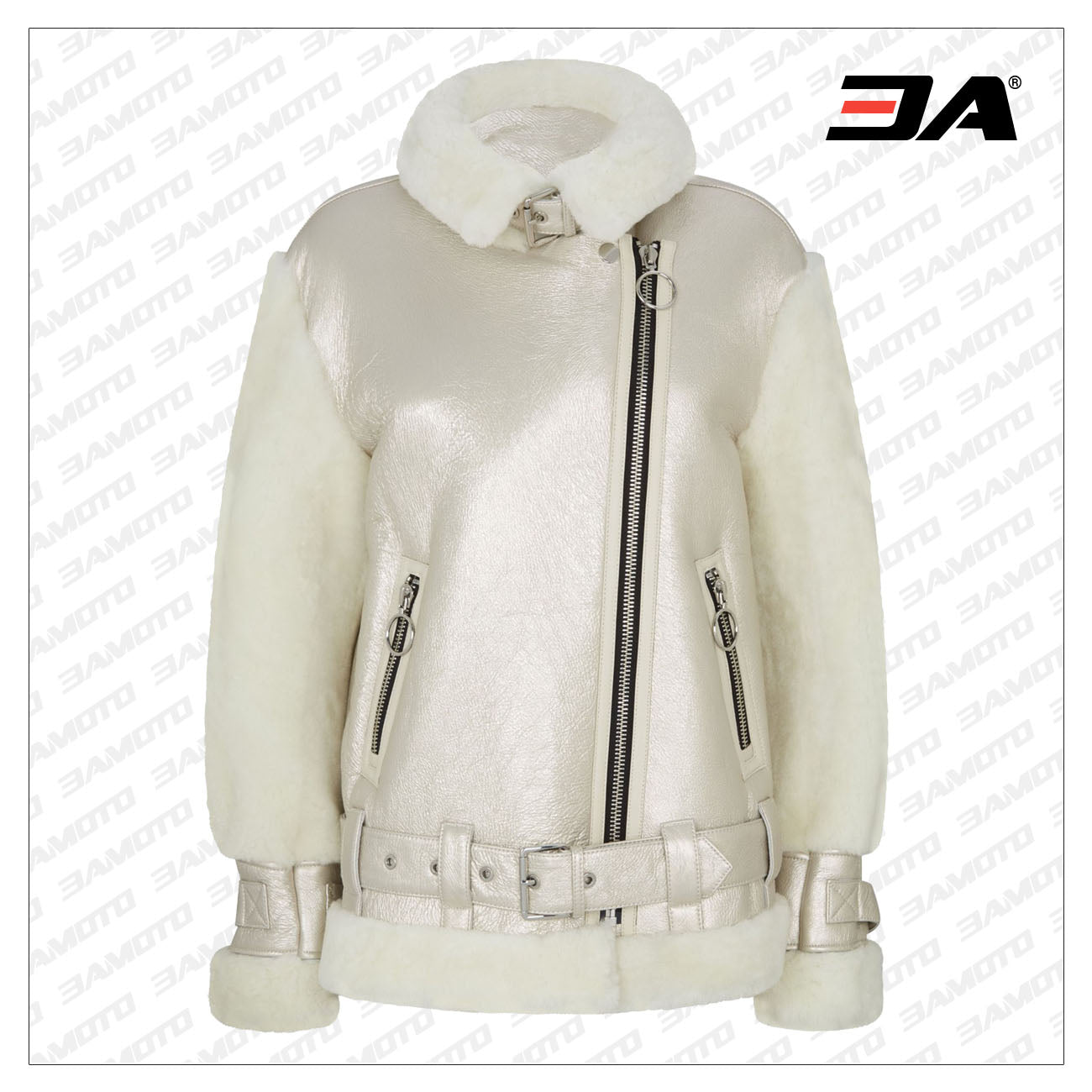 Metallic Shearling Fur Leather Biker Jacket