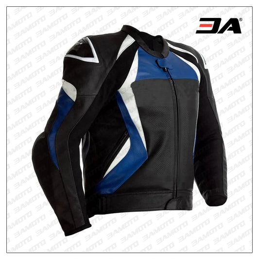 Motorcycle Black And Blue And White Leather Jacket - Fashion Leather Jackets USA - 3AMOTO