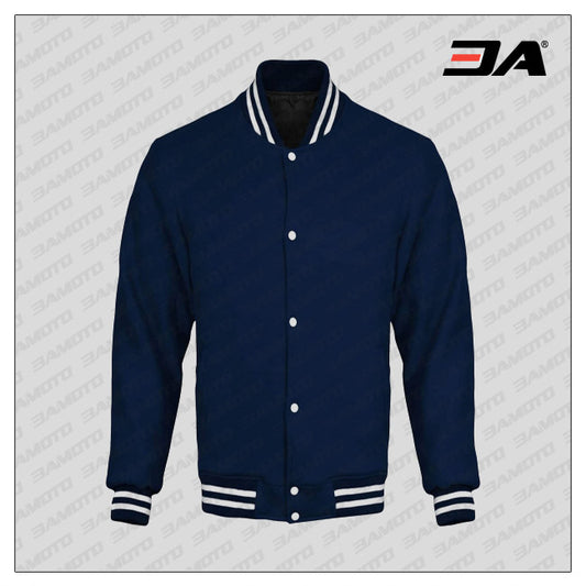 Navy Blue Cotton Fleece Varsity Jacket - Fashion Leather Jackets USA - 3AMOTO