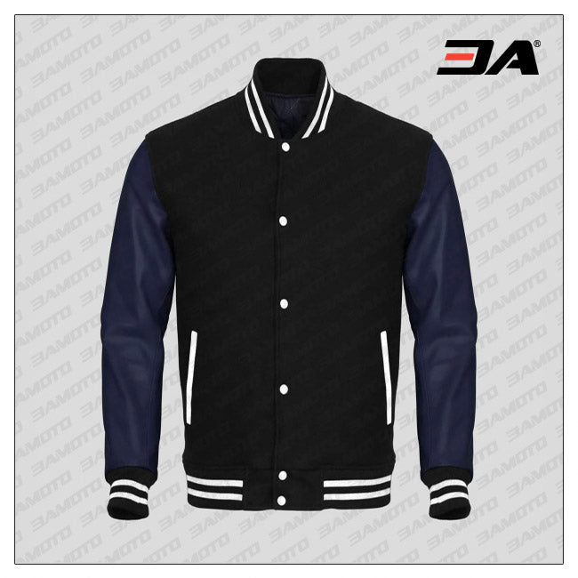 Navy Blue Faux Leather Sleeves Black Wool Letterman Jacket