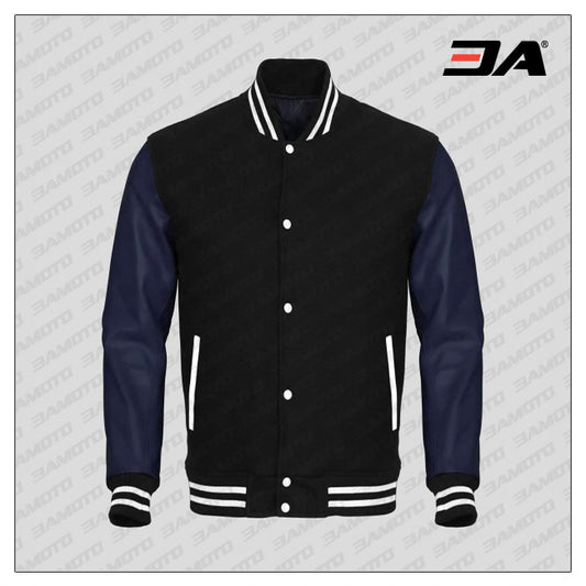 Navy Blue Faux Leather Sleeves Black Wool Letterman Jacket - Fashion Leather Jackets USA - 3AMOTO