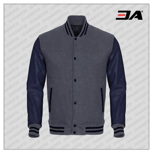 Navy Blue Faux Leather Sleeves Gray Wool Varsity Jacket - Fashion Leather Jackets USA - 3AMOTO