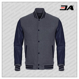 Navy Blue Faux Leather Sleeves Gray Wool Varsity Jacket