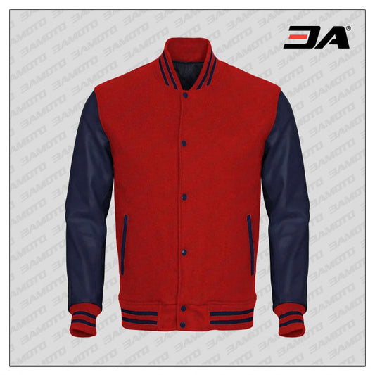 Navy Blue Faux Leather Sleeves Red Wool Varsity Jacket - Fashion Leather Jackets USA - 3AMOTO