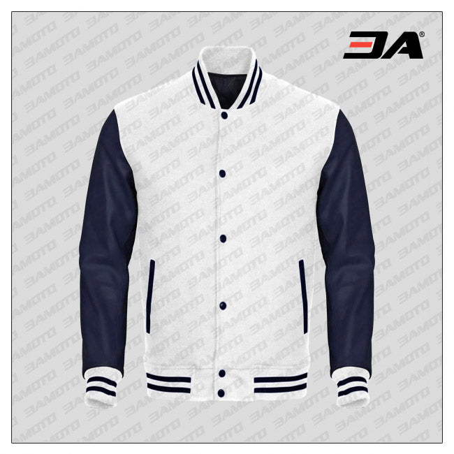 Navy Blue Faux Leather Sleeves White Wool Varsity Jacket