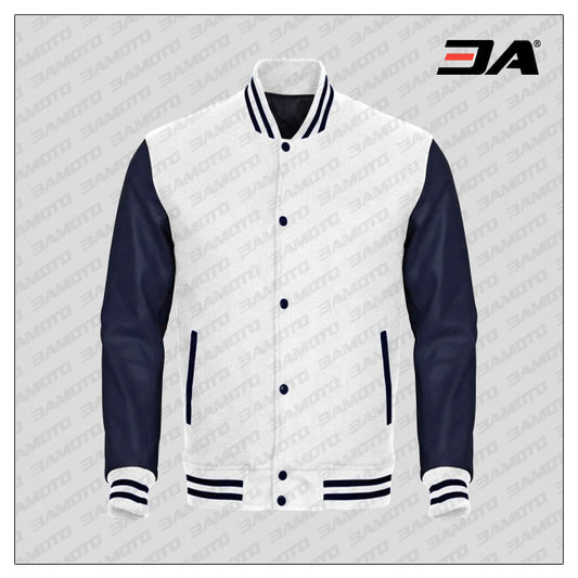 Navy Blue Faux Leather Sleeves White Wool Varsity Jacket - Fashion Leather Jackets USA - 3AMOTO